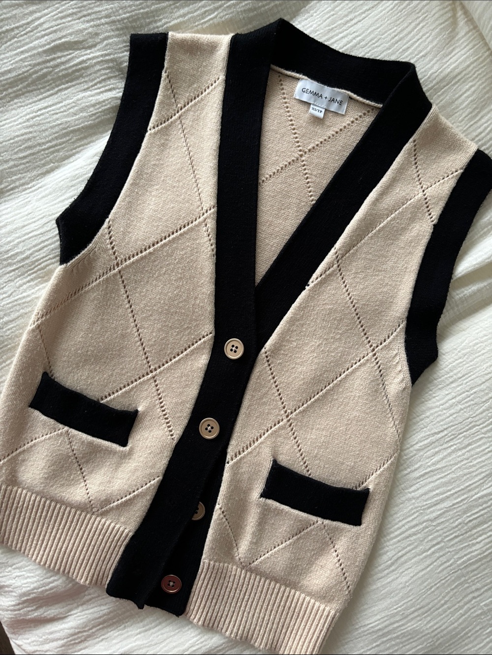 Gemma + Jane Beige and Black Knit Button Vest - Picture 1 of 5